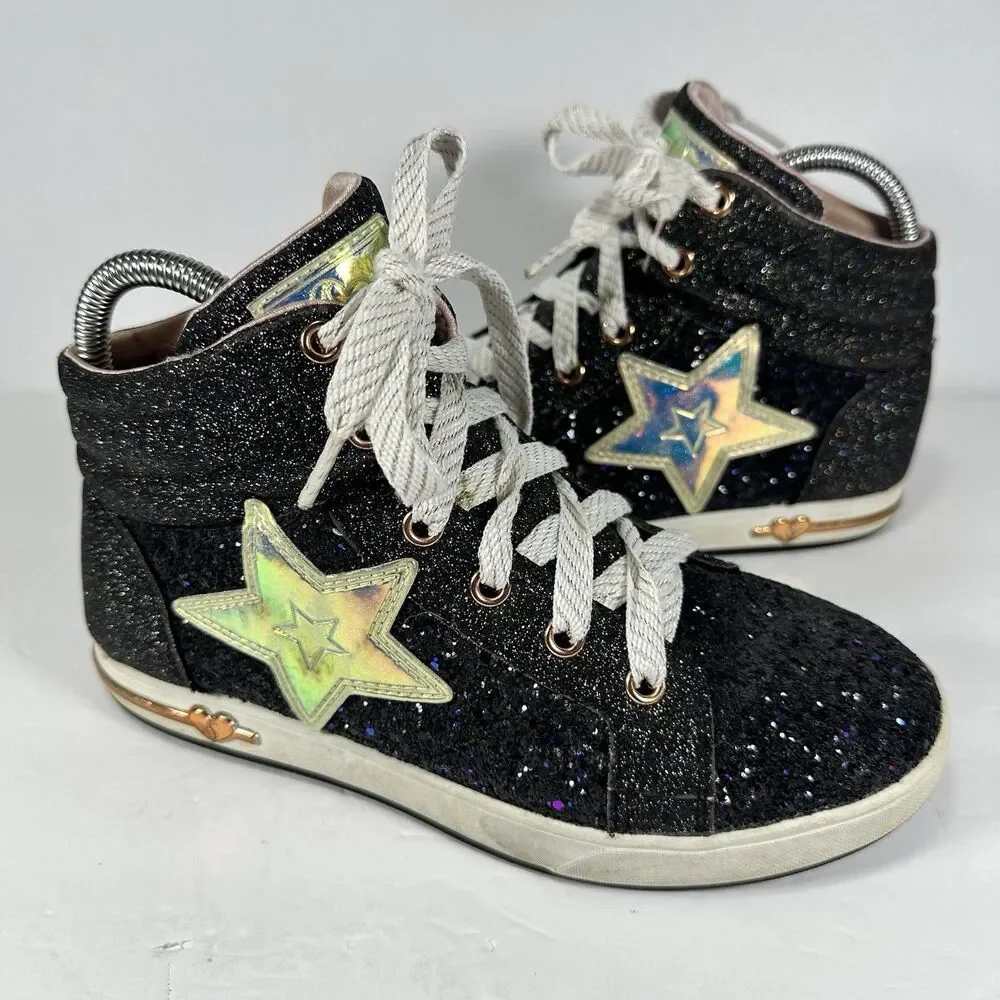 Skechers Girls Black Glitter Star High Top Sneakers - Size US 4 - Pink Lining